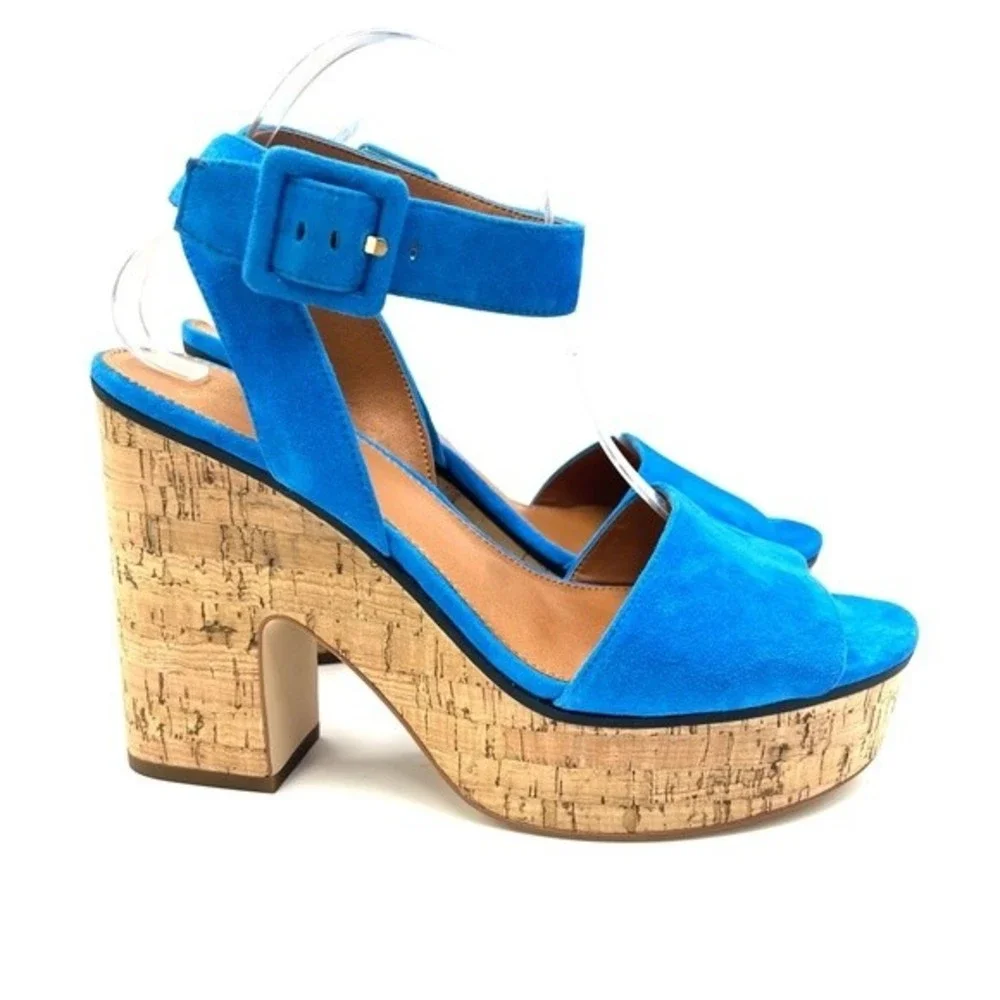 Franco Sarto Womens Size 11 Blue Suede Leather Chunky Cork Platform Heels‎ Shoes